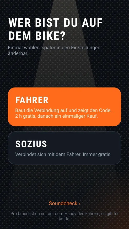 Rollenauswahl: Fahrer oder Sozius