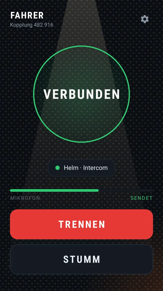 Verbunden: grüner Ring, Ton geht in den Helm, Mikro sendet