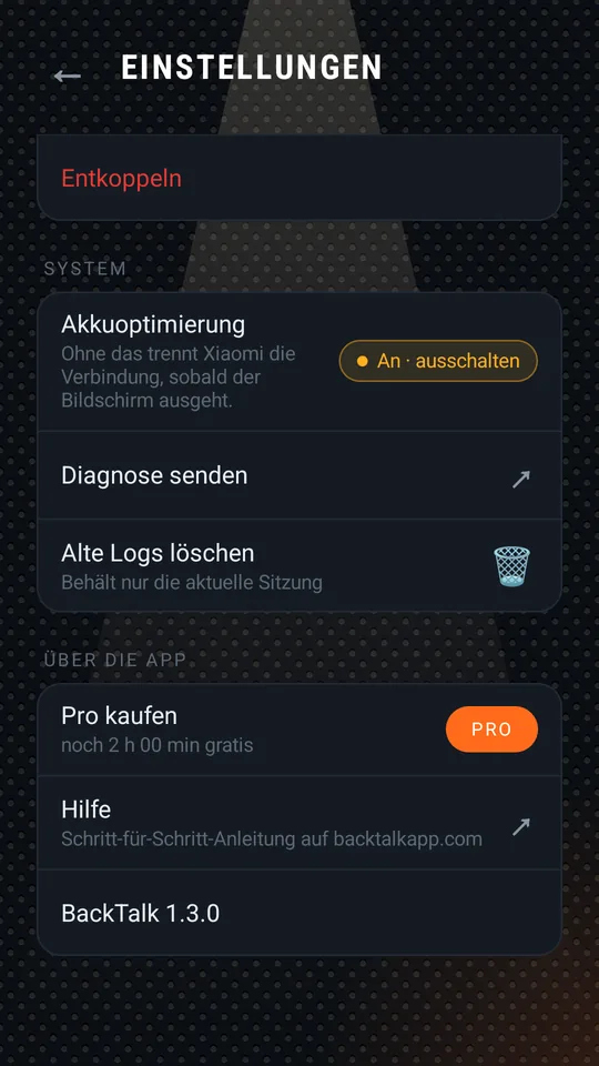 Einstellungen: Kopplung, System, Über die App