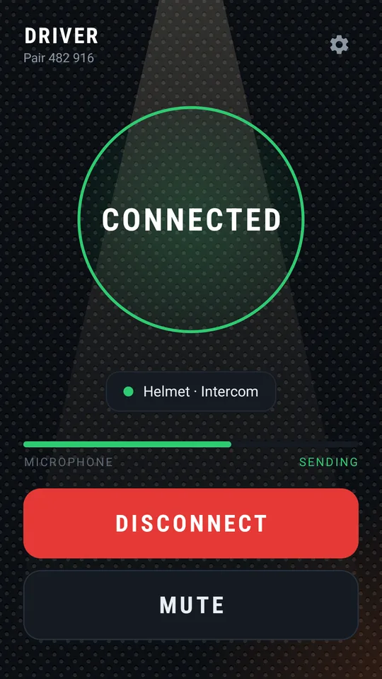 Connected: green ring, sound goes to the helmet, mic sending