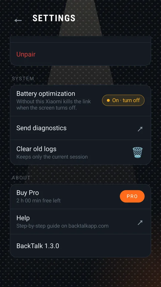Settings: pair, system, about