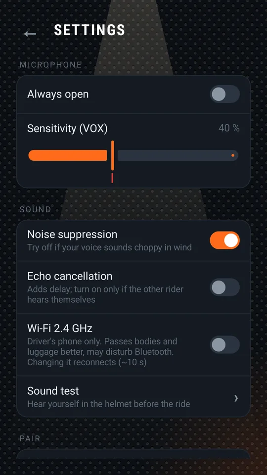 Settings: microphone and sound