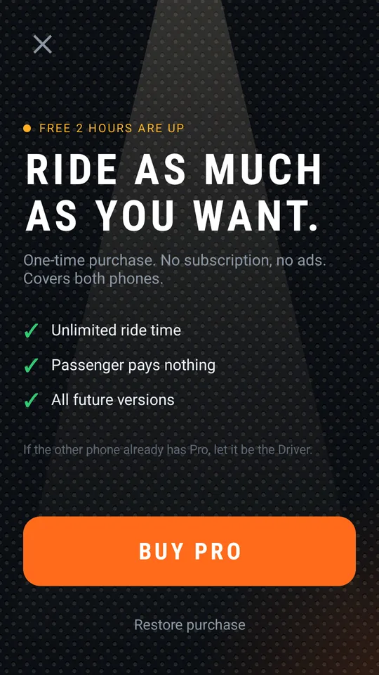 Pro purchase screen