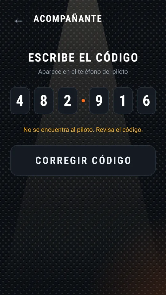 Mensaje de piloto no encontrado, botón CORREGIR CÓDIGO