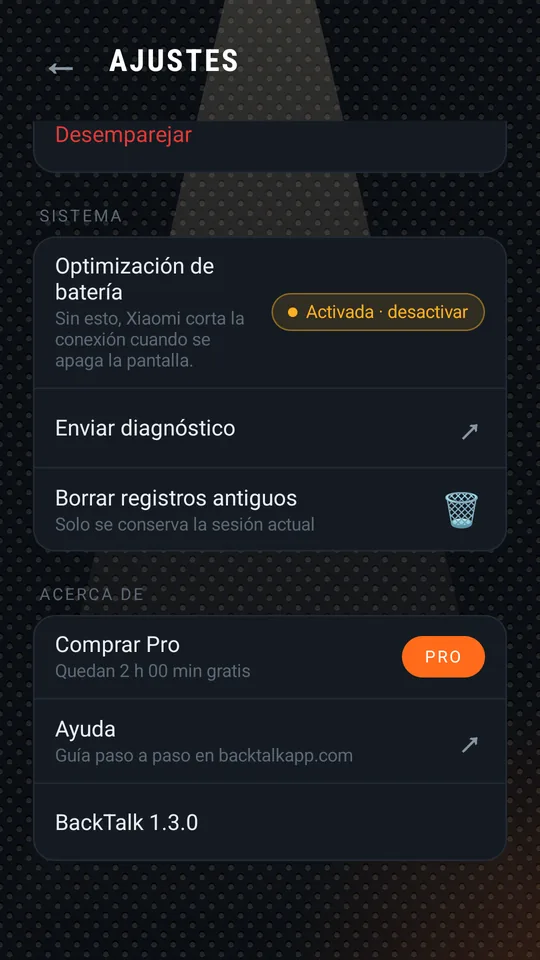 Ajustes: emparejamiento, sistema, acerca de