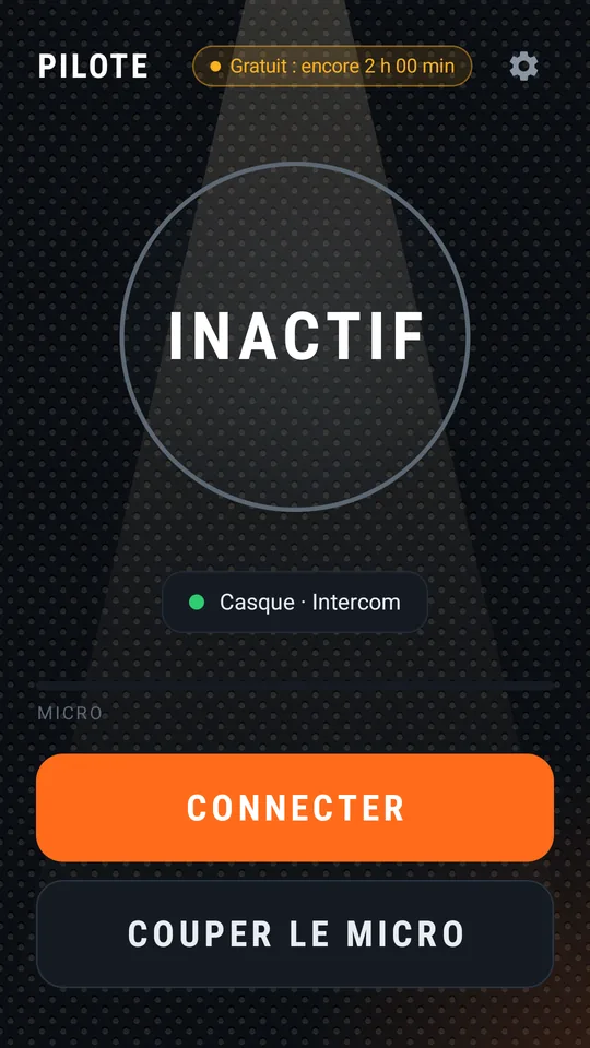 Écran principal du pilote avant la connexion, bouton CONNECTER