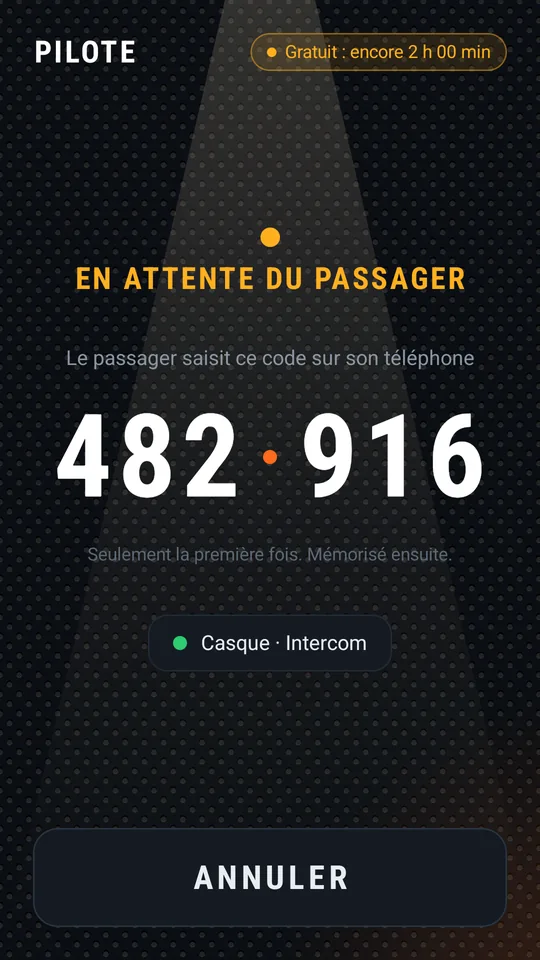 Le pilote attend le passager et affiche le code 482 916