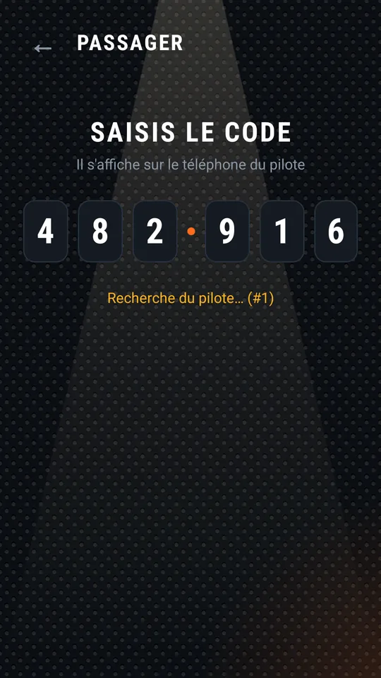 Le passager a saisi le code complet et recherche le pilote