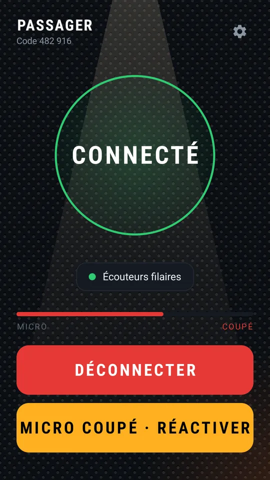 Passager avec écouteurs filaires, micro coupé