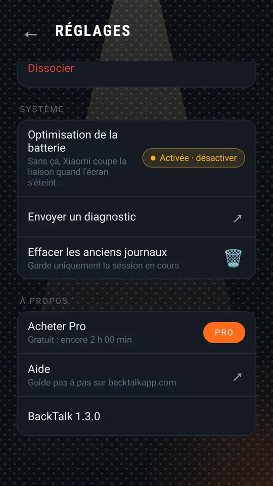Réglages : appairage, système, à propos