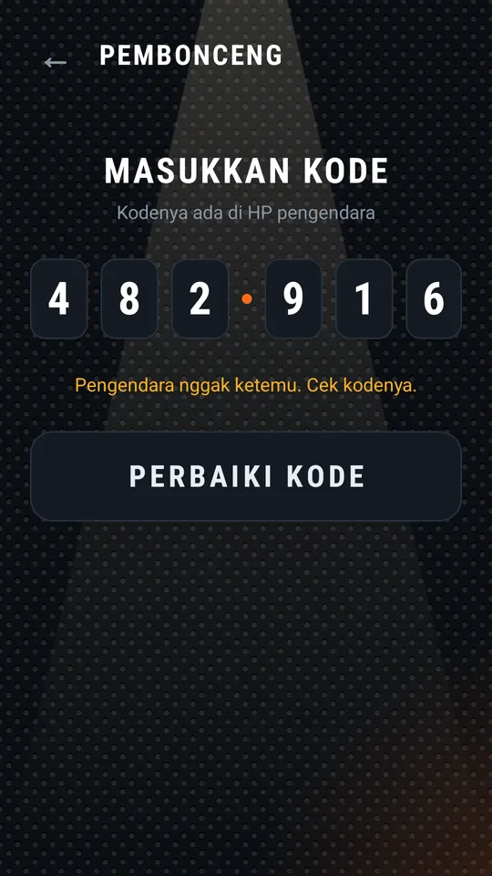 Pesan pengendara nggak ketemu, tombol PERBAIKI KODE