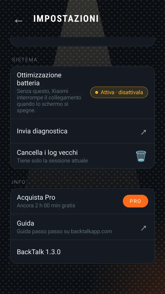 Impostazioni: abbinamento, sistema, info