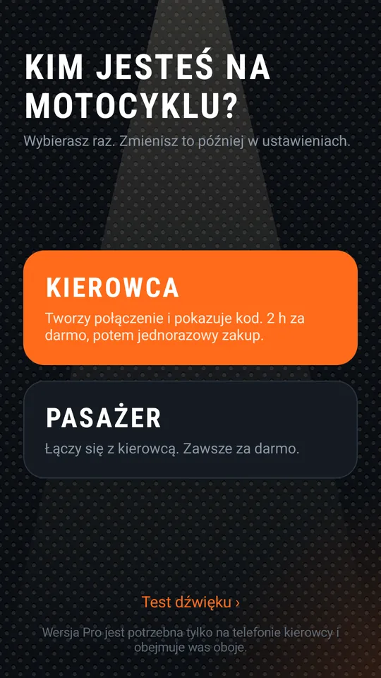 Ekran wyboru roli: Kierowca lub Pasażer