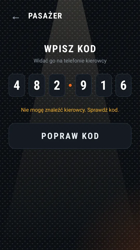 Komunikat o nieznalezieniu kierowcy, przycisk POPRAW KOD