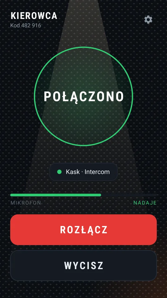 Połączono: zielony pierścień, dźwięk idzie do kasku, mikrofon nadaje