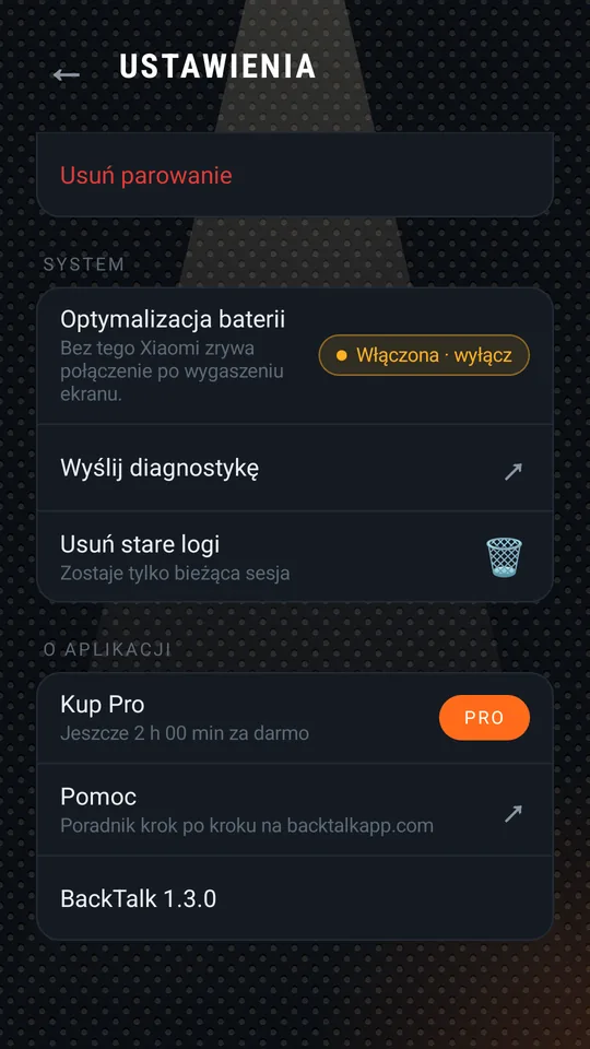 Ustawienia: parowanie, system, o aplikacji