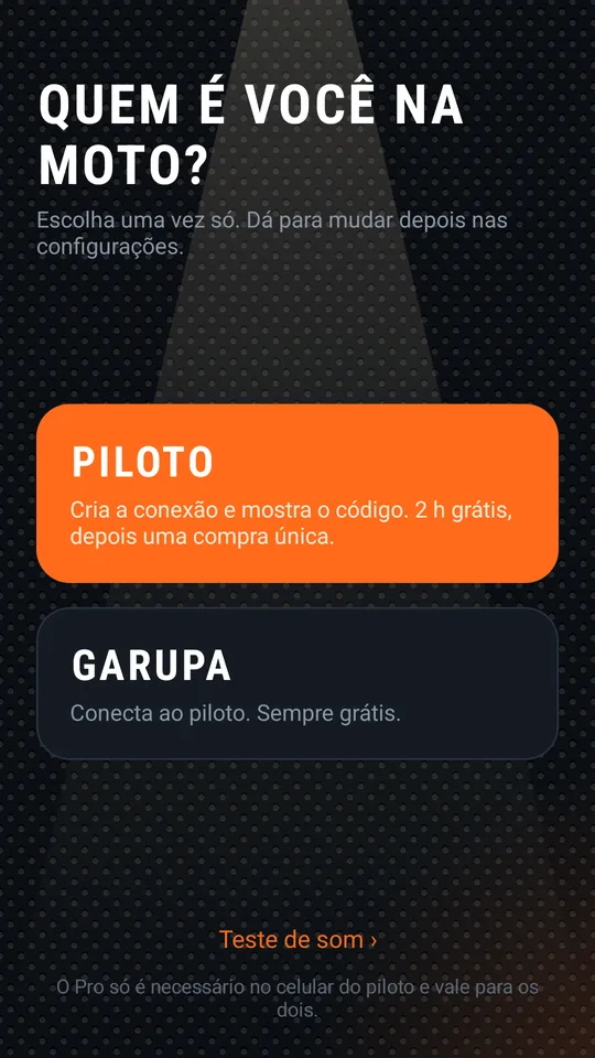 Tela de função: Piloto ou Garupa