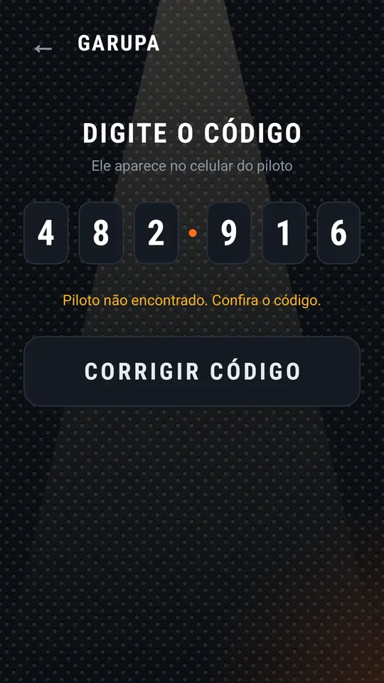 Mensagem de piloto não encontrado, botão CORRIGIR CÓDIGO