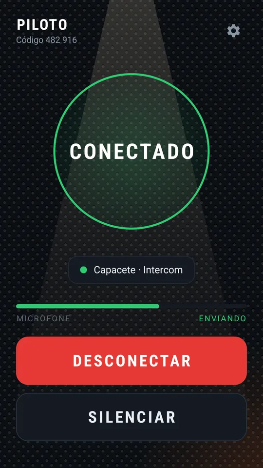 Conectado: anel verde, som indo para o capacete, microfone enviando