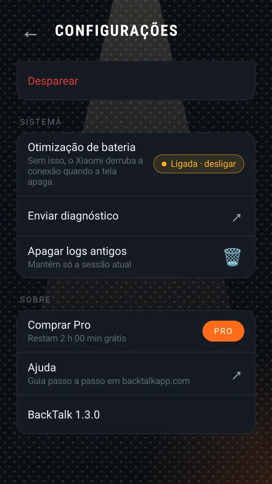 Configurações: pareamento, sistema, sobre