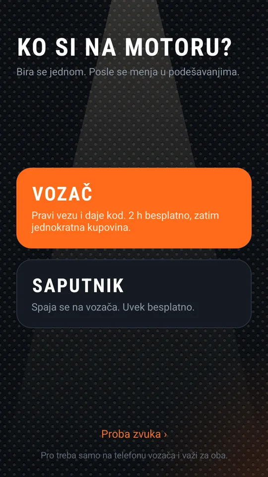 Ekran izbora uloge: Vozač ili Saputnik