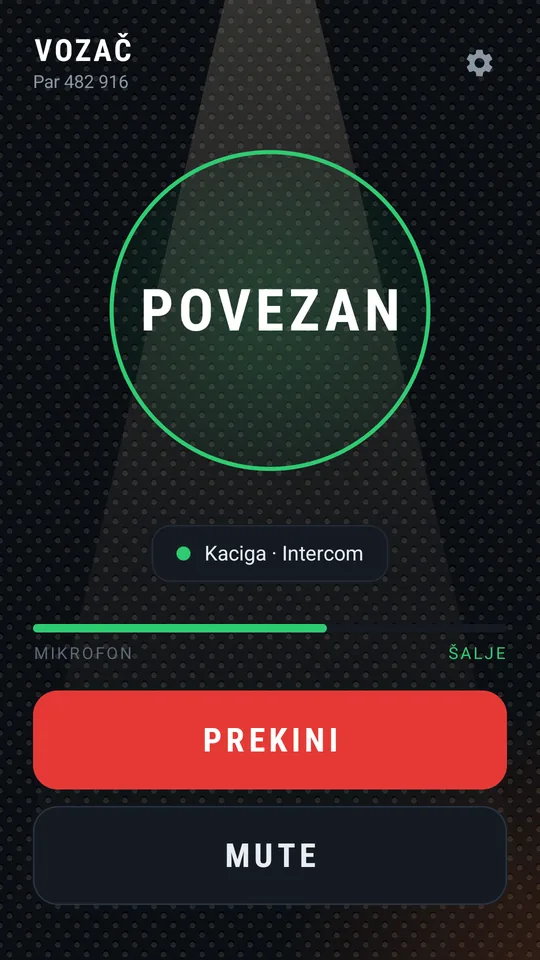 Povezan: zeleni krug, zvuk ide u kacigu, mikrofon šalje