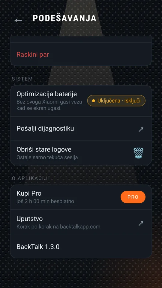 Podešavanja: par, sistem, o aplikaciji