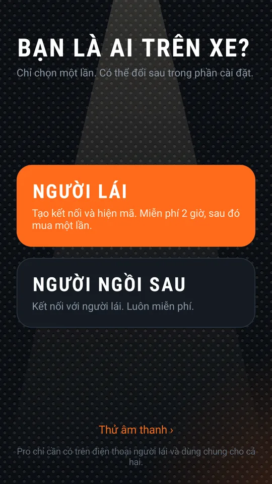 Màn hình chọn vai trò: Người lái hoặc Người ngồi sau