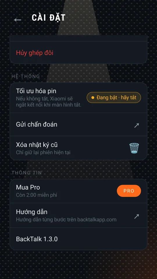 Cài đặt: ghép đôi, hệ thống, thông tin